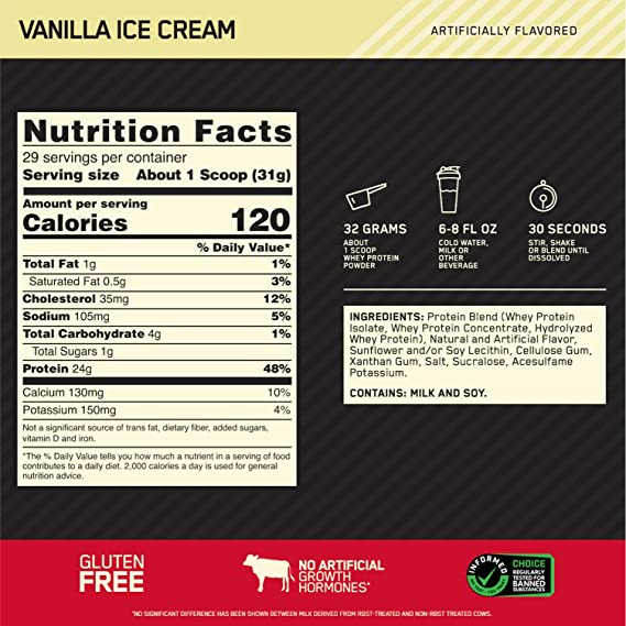 Optimum Nutrition Gold Standard 100% Whey-29Serv.-907G.-Vanilla Ice Cream Flavor