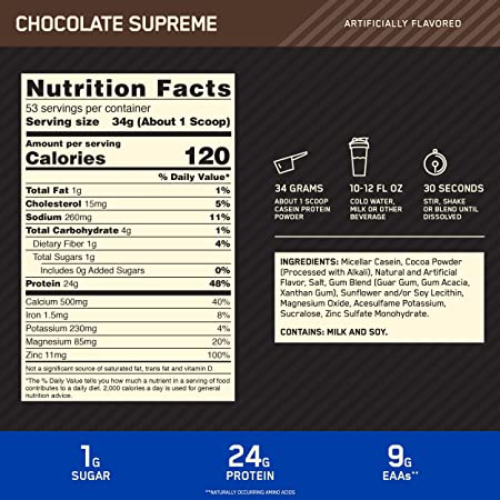 Optimum Nutrition Gold Standard 100% Casein-53Serv.-1.80Kg.-Chocolate Supreme