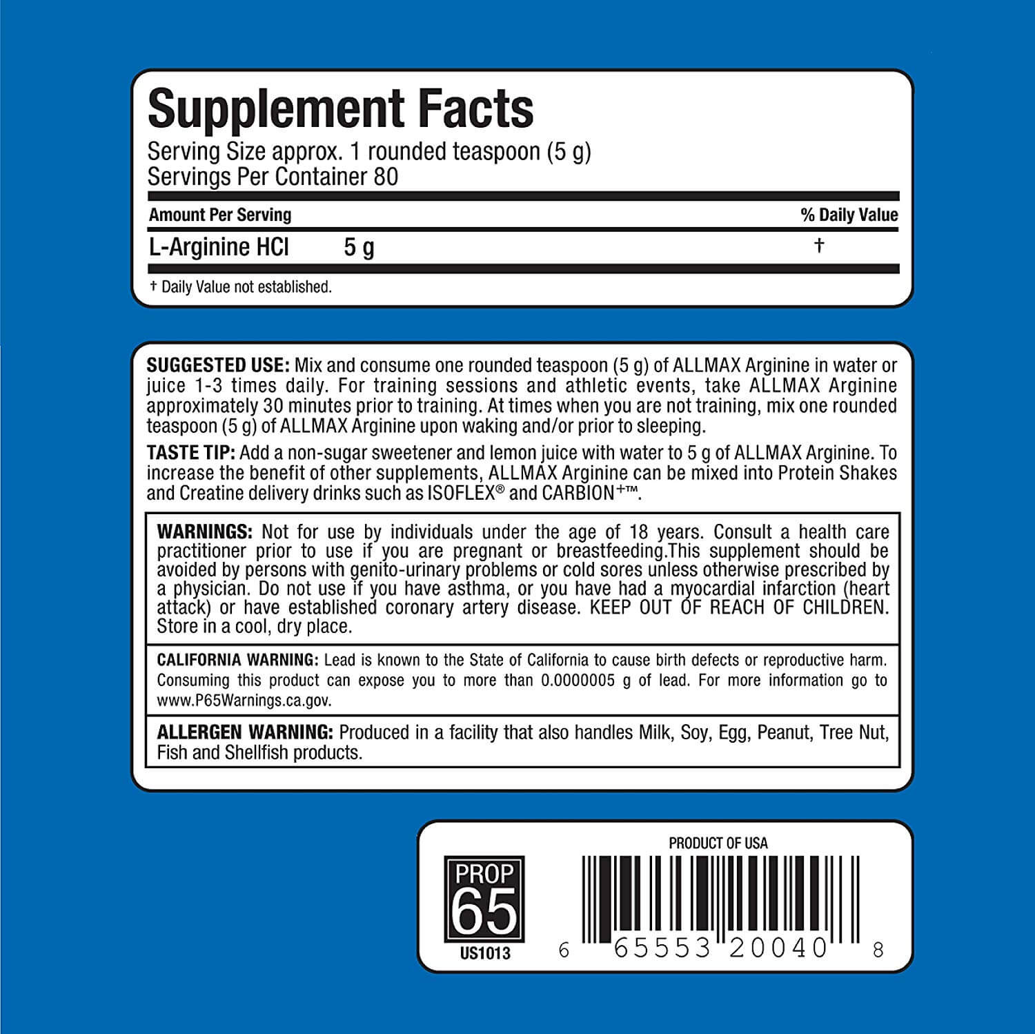AllMax Nutrition Arginine HCL-80serv.-400G