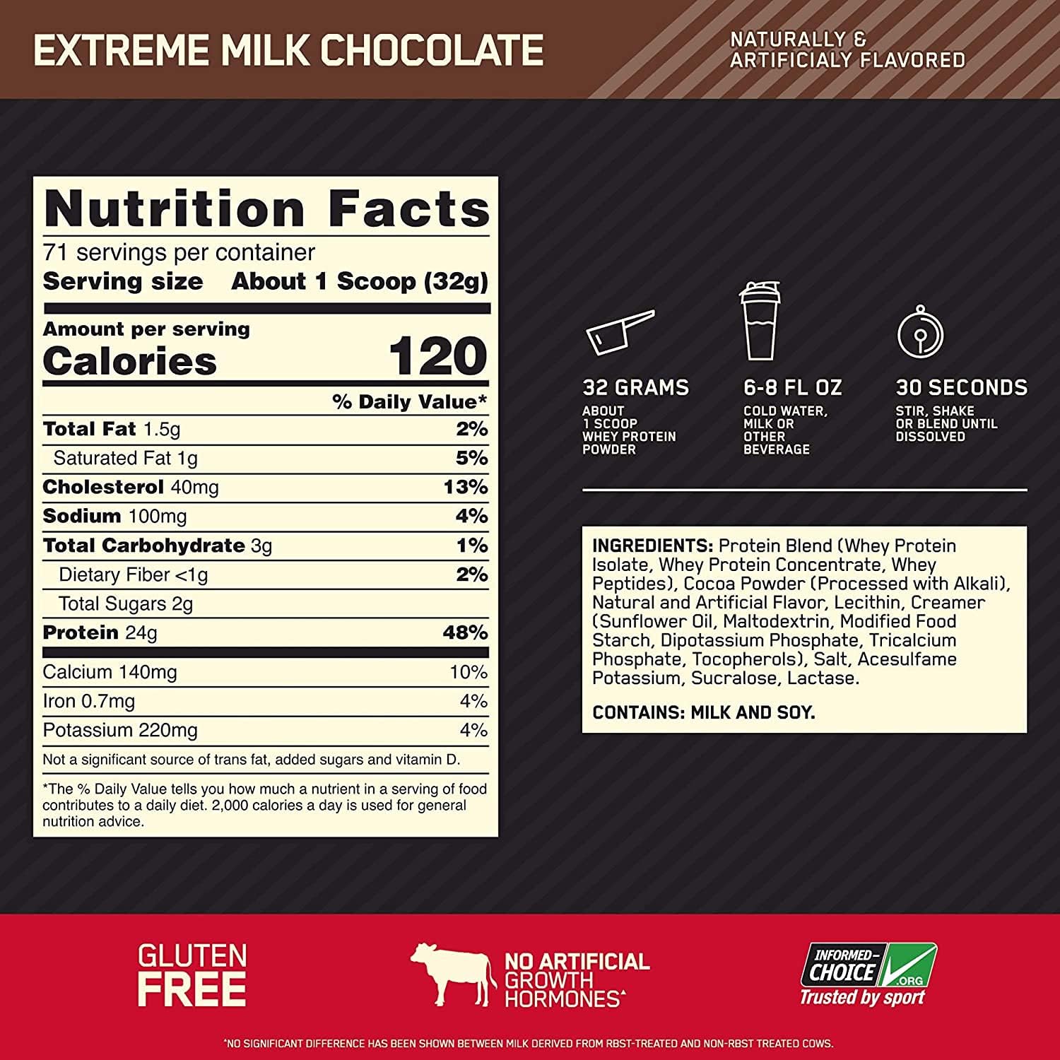 Optimum Nutrition Gold Standard 100% Whey-70Serv.-2.27Kg.-Extreme Milk Chocolate
