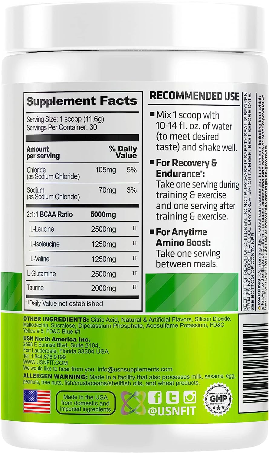 Usn Bcaa Amino+Recovery&amp;Endurance Powder-30Serv.-348G-Green Apple