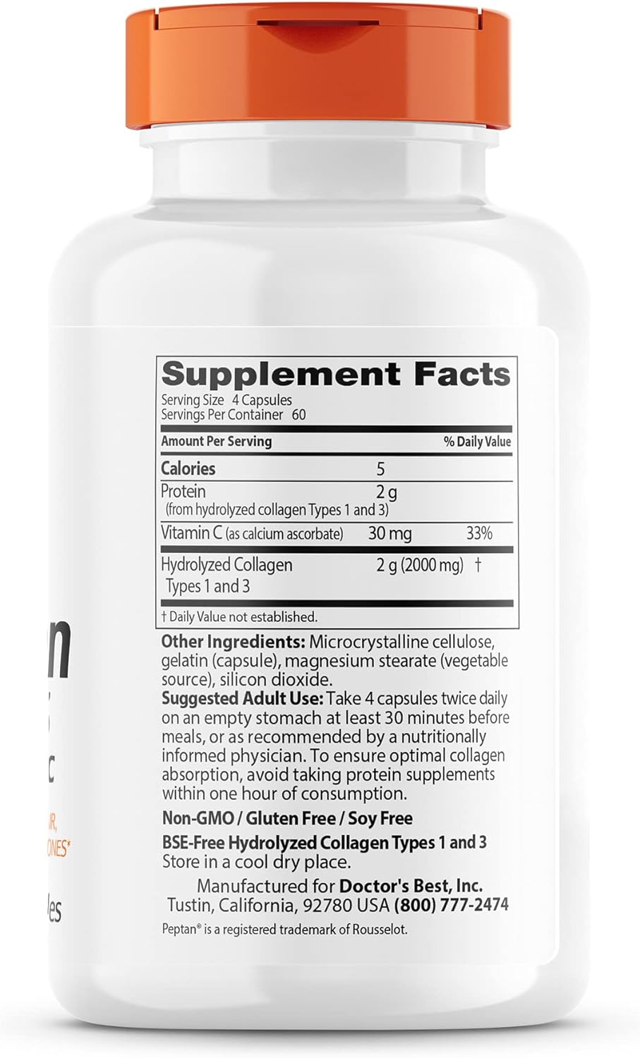 Doctor's Best Collagen Types1&amp;3 With Peptan And Vitamin C-60Serv.-240Capsules