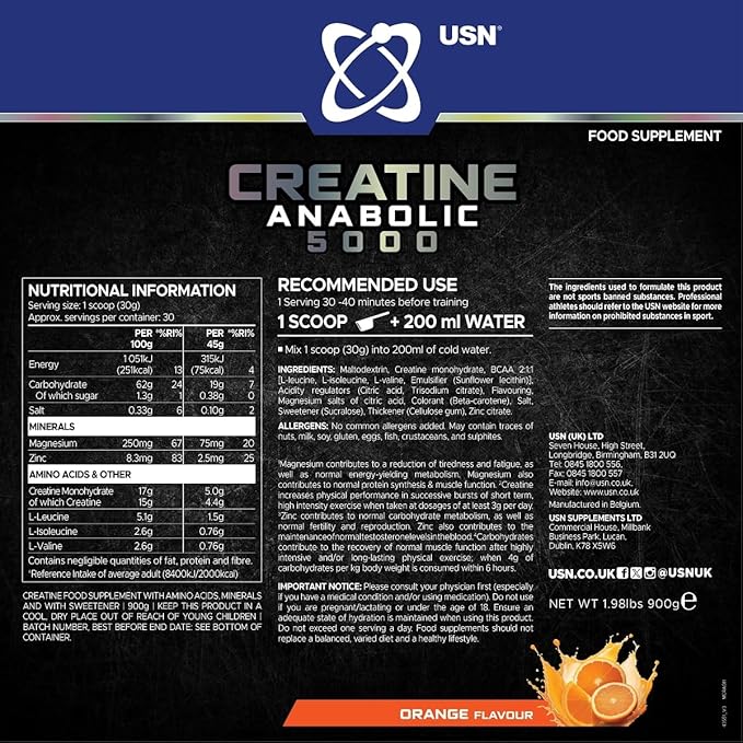 USN  Creatine Anabolic 5000- 30Serv- 900G - Orange