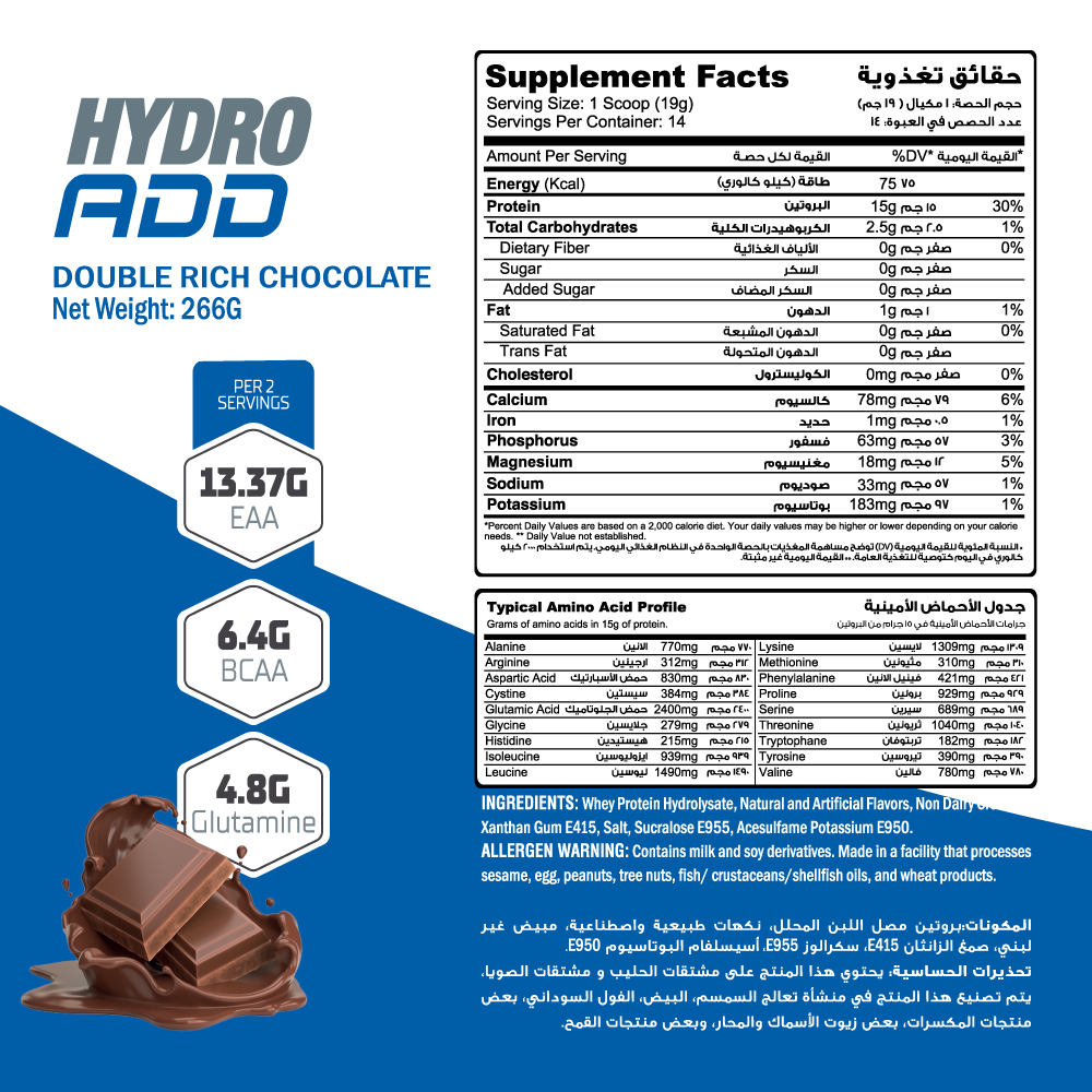 Muscle Add Hydro Add 100%Hydrolyzed Whey Protein Fastest Absorption-14Serv.-266G.-Double Rich Chocolate