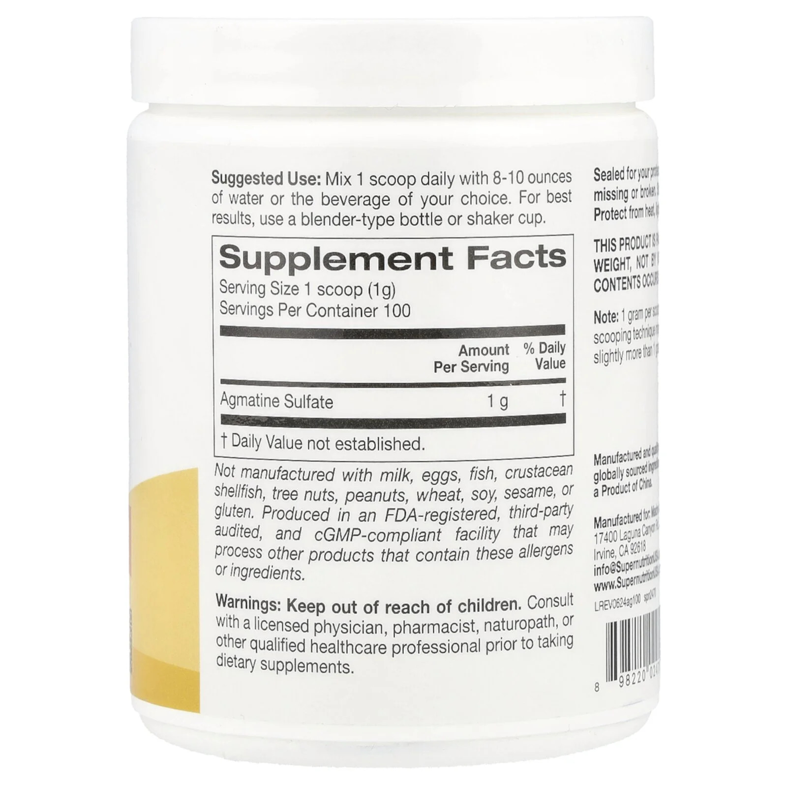 Super Nutrition Agmatine Sulfate-100Serv.-100Gm- Unflavored