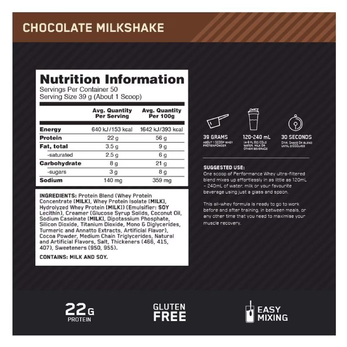 Optimum Nutrition Performance 100% Whey Complex-50Serv.-1.95kg-Chocolate Milkshake