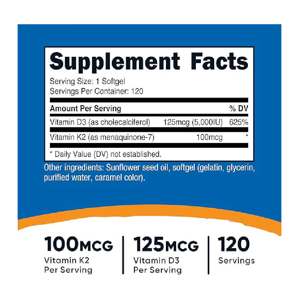 Nutricost Vitamin K2 (100 mcg) + Vitamin D3 (5000 IU)-120Serv.-120Softgels