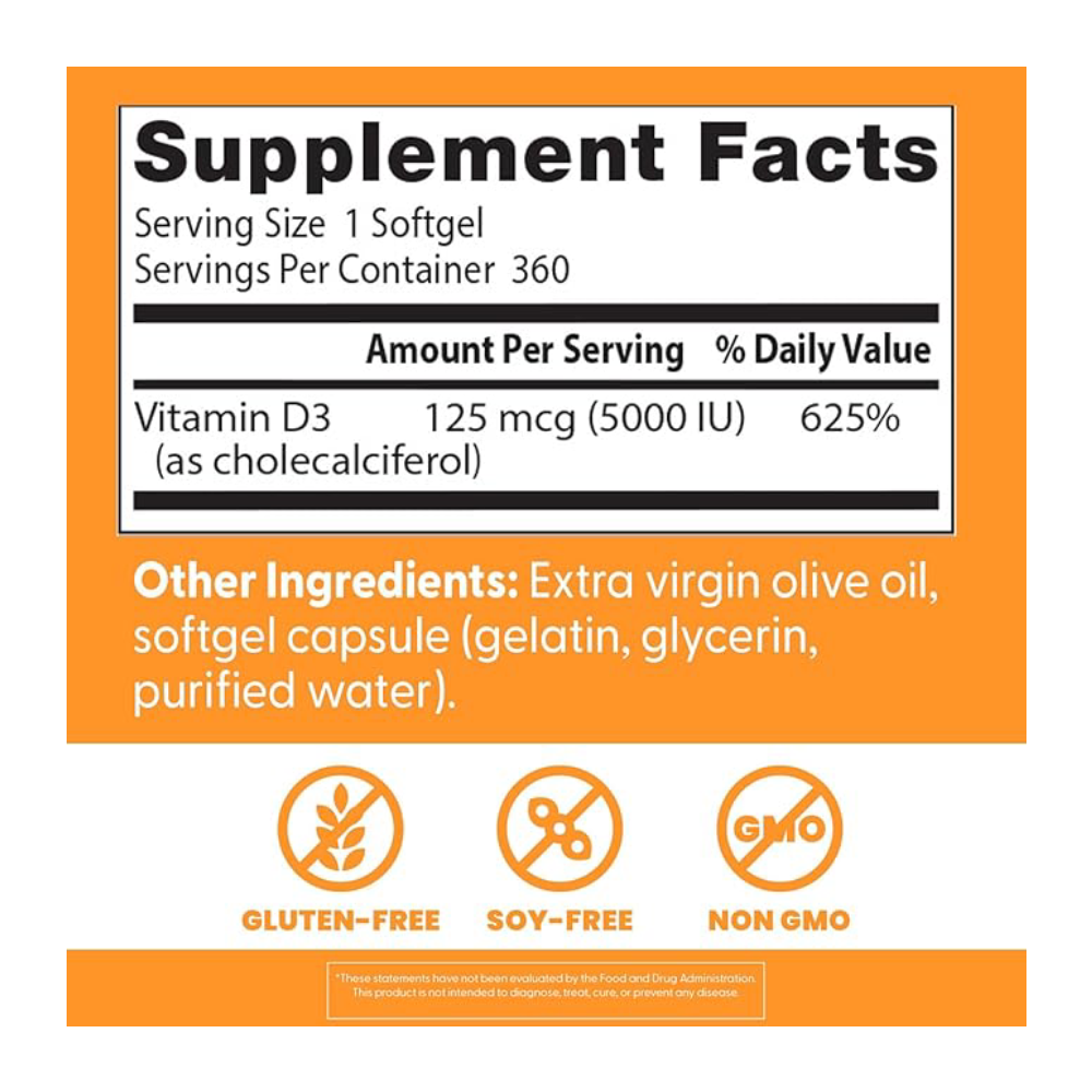 Doctor's Best Vitamin D3 5000 IU for Men &amp; Women.-125 mcg per Serving.-360 Softgels