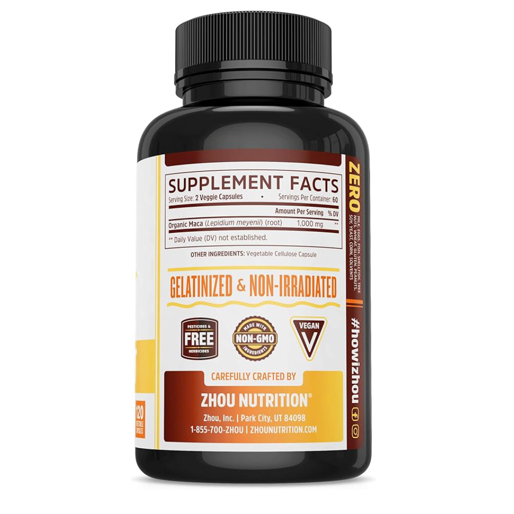 Zhou Maca Root Wellness Supplement for Men &amp; Women.-60Serving.-120Veggie Capsules