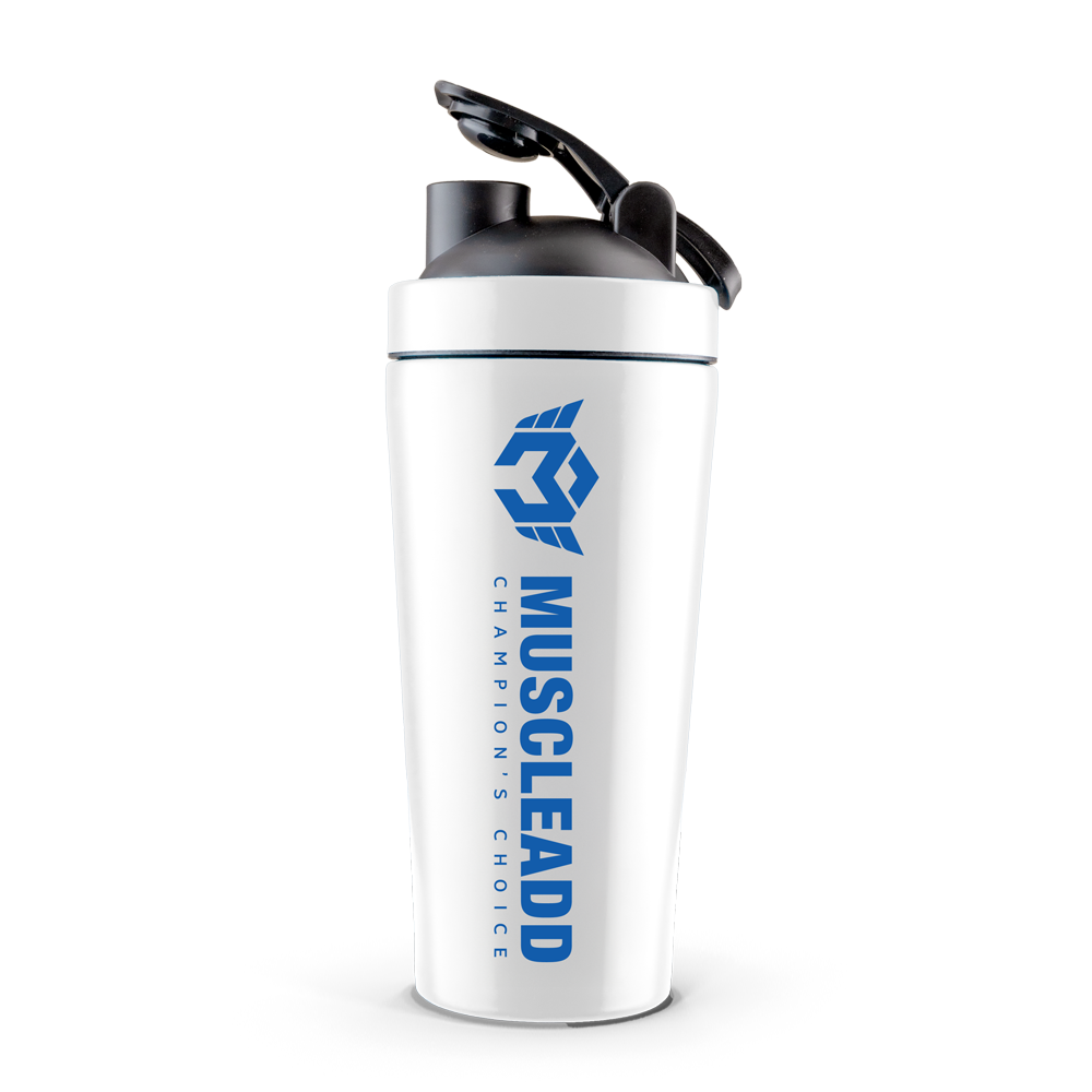 [6222023704565] Muscle Add Stainless Steel Shaker-900ML-White Matte/Blue