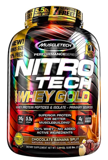 [631656712124] Muscletech Nitrotech Whey Isolate Gold-76Serv.-2.51KG-Chocolate Banana Split