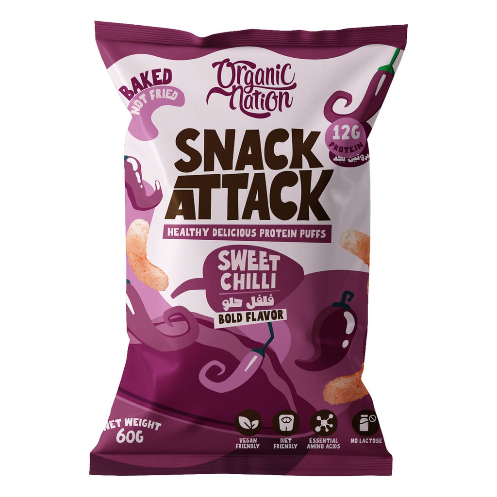 Organic Nation Snack Attack Protein Puffs1Serv.60G.Sweet Chilli