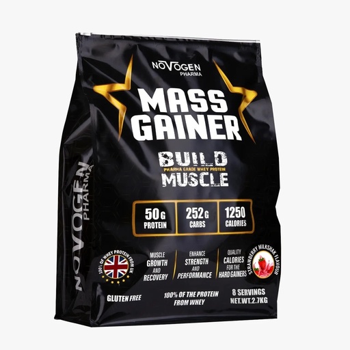 [6224009328260] Novogen Pharma Mass Gainer Build Muscle-8Serv.-2.7Kg.-Strawberry Milkshake